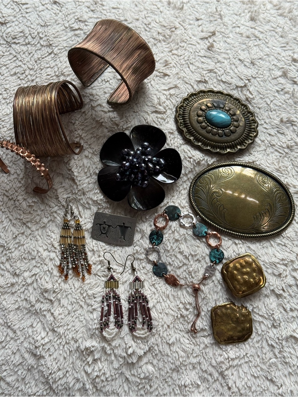 Vintage jewelry bundle, 4 bracelets, 2 pins, 3pr earrings, 2 belt buckles.
